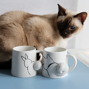 出口日本可爱萌系立体柴犬猫咪兔兔尾巴陶瓷咖啡杯马克杯牛奶杯