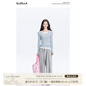 ILLELLA 假两件毛针织衫女春秋甜美薄款修身内搭打底毛衣长袖上衣