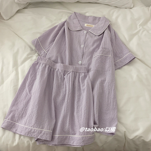 韩国ins香芋紫睡衣女夏季短袖梭织纯棉可外穿学生薄款家居服套装