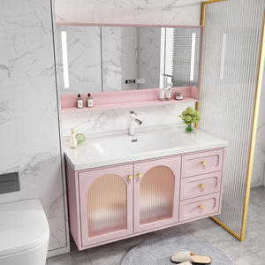 网红粉色一体陶瓷盆浴室柜组合洗脸盆洗漱台简约现代智能卫浴吊柜