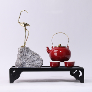 新中式仙鹤茶具托盘组合摆件样板房红木展厅卖场茶几飘窗软装饰品