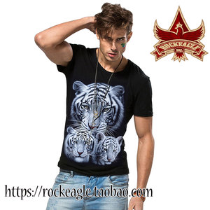 泰国3D动物潮牌T恤嘻哈老虎短袖夜店男装纯棉打底衫黑色夜光包邮