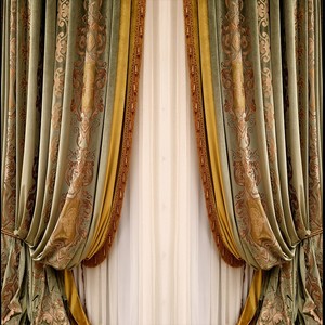 别墅宫廷复古古典高窗丝绒绿色装饰奢华绒布刺绣法式欧式卧室窗帘