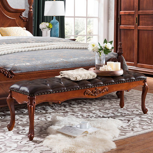 美式全实木床尾凳卧室床边椅雕花长沙发凳欧式复古床榻真皮换鞋凳