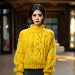 杏黄色麻花高领毛衣女装秋冬氛围感穿搭韩系小香风外套轻奢高级感