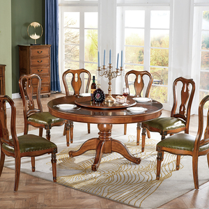 美式全实木圆形餐桌椅子组合简约小户型做旧原木家用餐厅转盘饭桌