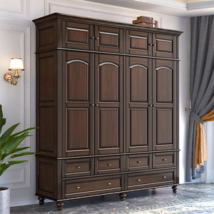 美式原木实木衣柜家用北欧卧室二三四门大衣橱轻奢简约储物柜家具