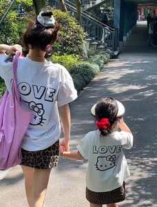 2024夏季新款韩版不一样的母女装卡通猫咪短袖T恤豹纹裙子套装