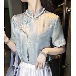 新中式复古盘扣立领短袖衬衣女国风改良旗袍式衬衫夏季气质上衣