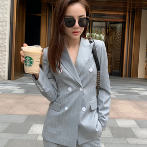 炸街灰色条纹西装套装女士韩版休闲修身时尚职业气质女神范英伦风