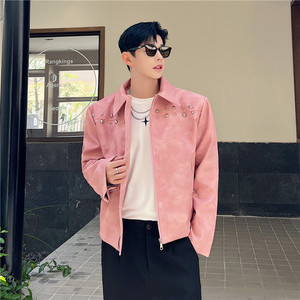 韩版粉色短款机车仿皮夹克男女外套柳钉装饰时尚洋气设计感上衣潮