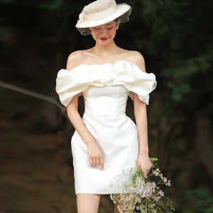 法式白色缎面一字肩简约宴会年会生日派对伴娘出门纱短款晚礼服裙