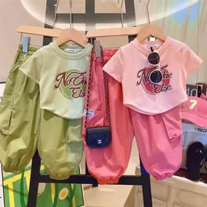 新款女童夏装套装儿童工装套装韩版女宝宝夏季字母休闲两件套夏装