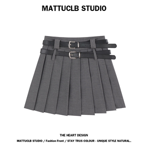 MATTUCLB 灰色设计感半身裙女高腰显瘦气质A字学院风双腰带百褶裙