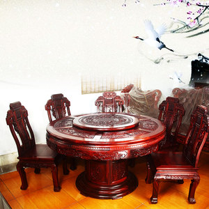 前明红木家具 红木餐桌血檀金玉满堂餐桌圆桌实木餐桌椅1.38圆台