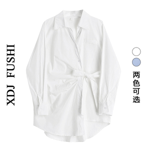 白色收腰绑带长袖衬衫裙设计感小众衬衣女2024新款韩版中长款上衣