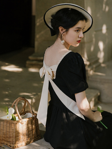 小黑裙桔梗法式甜美气质赫本风黑色连衣裙女夏季英式宫廷复古礼服
