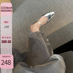 戈森法式包头半拖鞋女夏2024年新款银色气质真皮一脚蹬尖头穆勒鞋