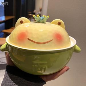 青蛙陶瓷泡面碗日式双耳大号汤碗带盖大容量学生宿舍家用吃饭碗