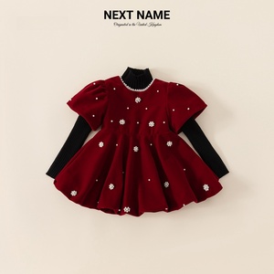 NEXT NAME女童套装新款儿童装红色拜年服丝绒圣诞节公主裙两件套