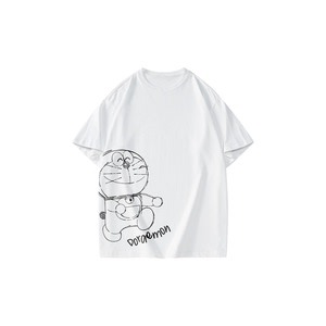 Doraemon哆啦A梦纯色趣味卡通笔绘欢快机器猫印花宽松圆领短袖T恤