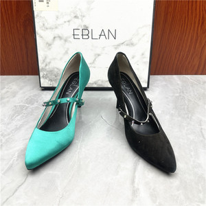 EBLAN/伊伴商场撤柜尖头玛丽珍细跟一字带套脚浅口轻瑕疵高跟鞋