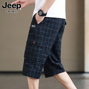 JEEP格子短裤男士休闲七分裤夏季薄款纯棉直筒宽松过膝六7分工装