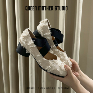 羊皮版~新中式方头芭蕾舞鞋女交叉绑带法式粗跟单鞋仙女风高跟鞋