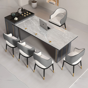 轻奢岩板岛台餐桌椅组合一体家用多功能伸缩茶台高端办公室洽谈桌