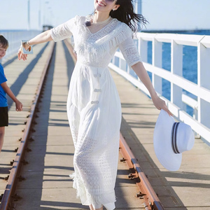 2024春季明星同款白色蕾丝连衣裙女仙沙滩裙气质海边度假超仙长裙
