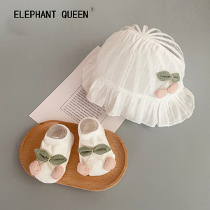 婴儿胎帽夏季韩版女宝宝护囟门帽袜子套装新生儿帽子满月周岁礼物