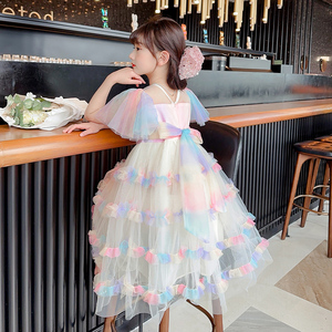 女童连衣裙夏季新款洋气小女孩彩虹蛋糕裙儿童夏装薄款爱莎公主裙