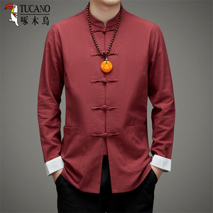 啄木鸟亚麻衬衫男士长袖立领中国风唐装棉麻中式红色高端男款衬衣