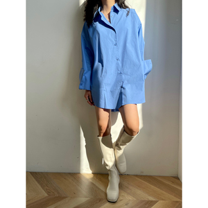 BELIN 设计感小众蓝衬衫女宽松显瘦内穿外搭长袖直筒纯色衬衣上衣