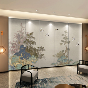 新中式背景墙硬包山水花鸟刺绣皮革电视墙布客厅沙发卧室酒店饭店