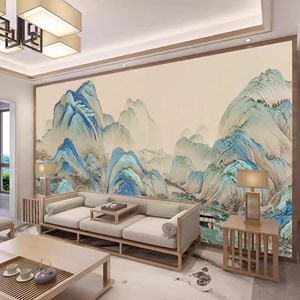 定制中式国画水墨山水大气千里江山图电视机背景墙纸壁纸沙发壁画