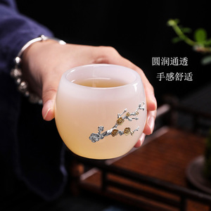 琉璃茶杯个人专用品茗杯白瓷 主人杯单杯女高端大号创意镶银银杯
