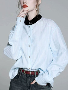 气质丝绒立领蓝色竖条纹长袖衬衫漂亮高端小衫设计感上衣24春装