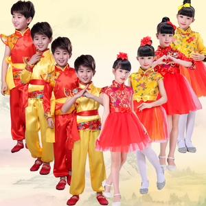 儿童打鼓服演出喜庆中国风民族腰鼓舞蹈武术表演服幼儿合唱连衣裙