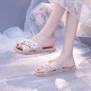 2024新款花朵夏季一字拖鞋女外穿时尚韩版耐磨防滑女士平底凉拖鞋