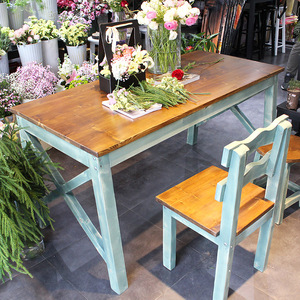 美式桌实木复古桌椅家庭饭桌长方形做旧阳台桌花店桌子快餐餐桌