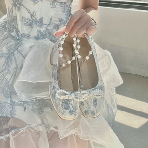 新中式玛丽珍女鞋一字带珍珠蝴蝶结旗袍鞋复古百搭仙女风高跟单鞋