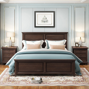 美式床黑胡桃木1.8米双人床实木高箱储物床复古小美风格主卧家具