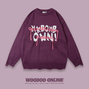 紫色河堤 WOODOO 设计师品牌 美式街头个性设计破洞小众 男女毛衣