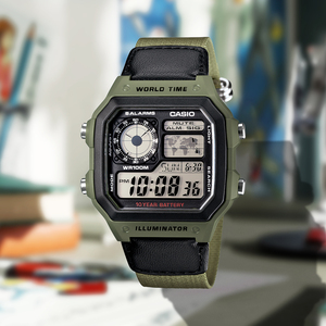 【十年电力】卡西欧帆布带手表百搭防水运动小方块 AE-1200WHB-3B