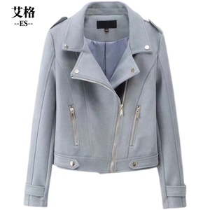 艾格ES2024春装新款修身短外套麂皮绒机车服女时尚休闲夹克