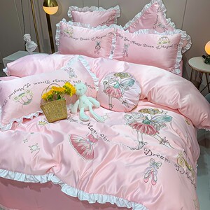 公主风床上四件套纯棉全棉少女心粉色可爱女孩儿童三件套床上用品