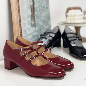 carel玛丽珍鞋女法式复古小红鞋粗跟婚鞋浅口高跟鞋中跟漆皮单鞋
