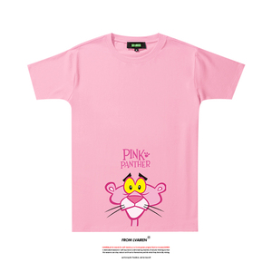 粉红豹顽皮豹潮牌T恤男女情侣款短袖休闲宽松减龄粉色童装五分袖