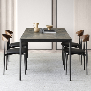北欧进口岩板餐桌表情家用复古意式极简铝合金圆角长方形桌椅组合